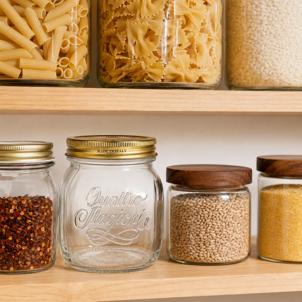 Barattolo rotondo "Quattro Stagioni" da 700 ml con coperchio Quattro Stagioni vaso per conserve 700ml in dispensa organizzata con pasta e spezie Attrezzatura da cucina italiana