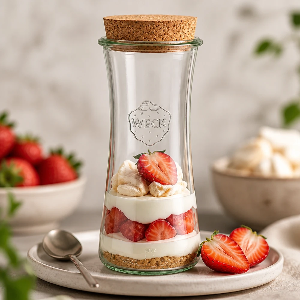 Vaso da 700 ml per gastronomia WECK RR80 con tappo in sughero naturale WECK RR80 vaso da gastronomia 700ml con tappo di sughero riempito come un dessert a strati di fragole con panna su un vassoio da portata bianco