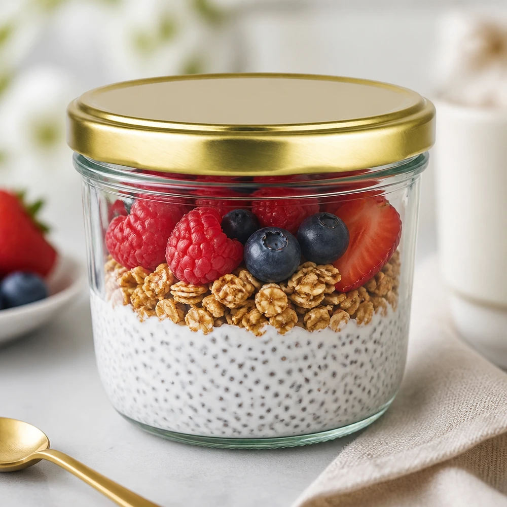 Barattolo di vetro da 230 ml con coperchio dorato riempito di budino di chia, noci e frutti di bosco come esempio di utilizzo
