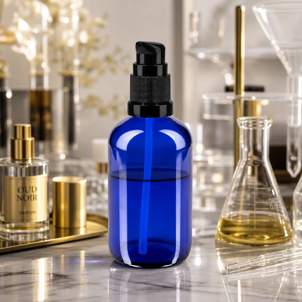 Apothekenflasche blau 100ml PumpVerschluss schwarz Standard Blaue 100ml Glasflasche mit schwarzem Pumpspender zwischen Laborkolben und Goldaccessoires