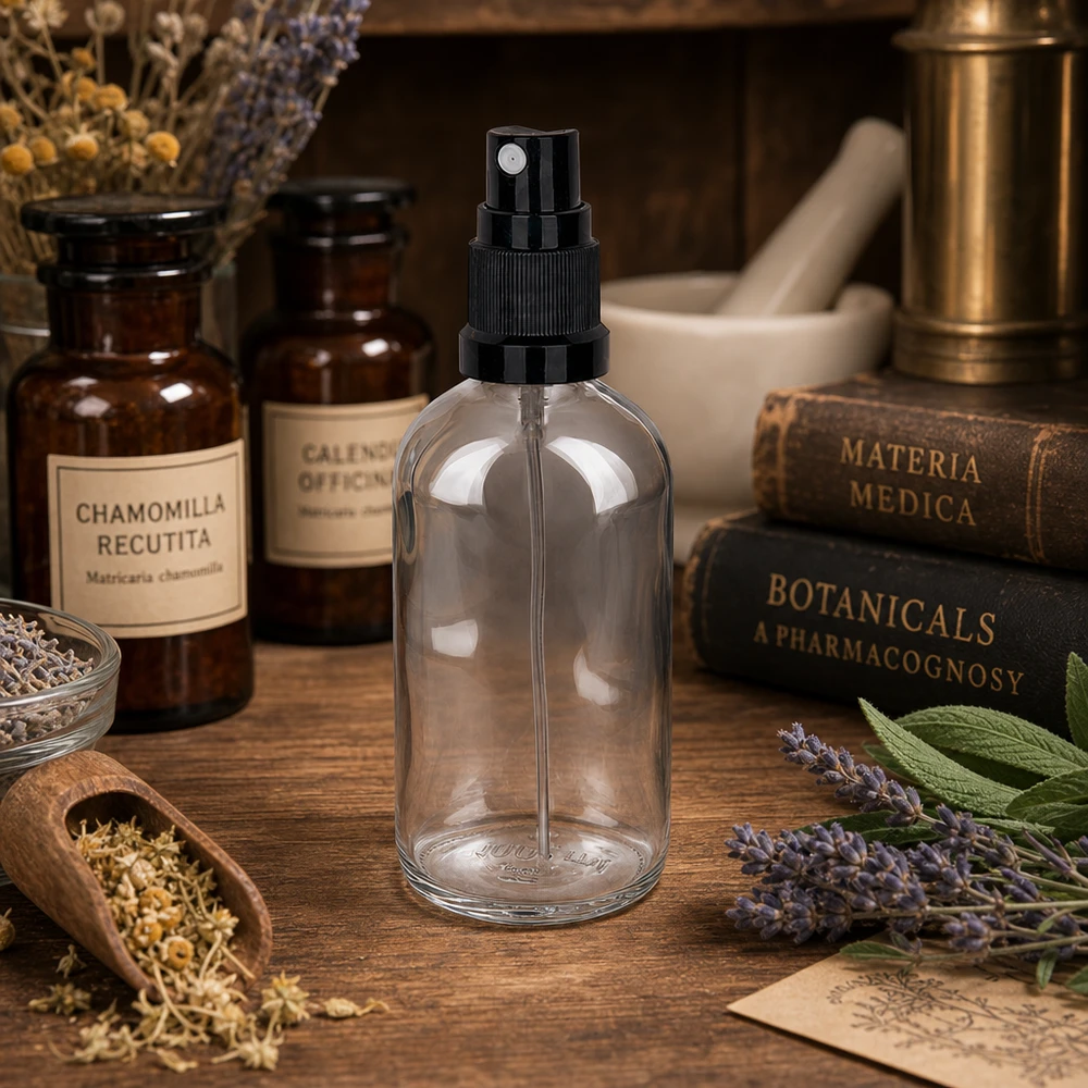 Flacone spray da farmacia da 100 ml in vetro trasparente con erogatore nero, tra libri di erboristeria e piante medicinali