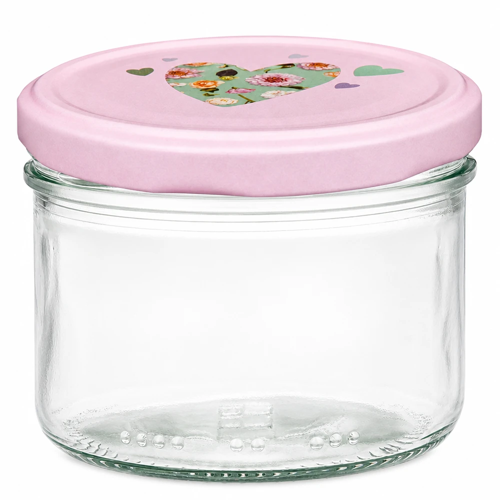 230ml Zylinderglas + BasicSeal Deckel Herz rosa 230ml Zylinderglas mit rosa BasicSeal Deckel und Herz-Motiv, Einmachglas zur Aufbewahrung von Lebensmitteln