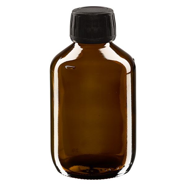 Flacone per medicinali da 200 ml, marrone, tappo nero con tappo originale Flacone per medicinali da 200 ml, marrone, tappo nero con tappo originale