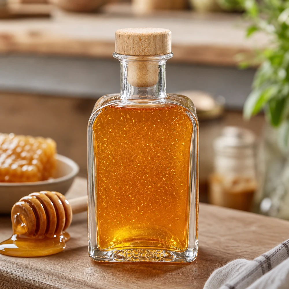 Flacone farmaceutico da 200 ml Clara con tappo in sughero con impugnatura in legno UNiTWIST® Bottiglia di vetro Clara da 200 ml riempita di miele Tappo di legno Cucchiaio per miele Cera d'api Dolcificante naturale Accessori da cucina