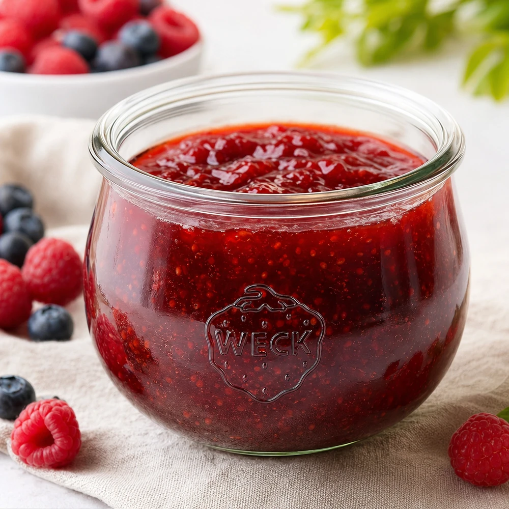 Vaso a tulipano WECK RR100 da 580 ml WECK vaso a tulipano 580ml RR100 riempito di marmellata rossa, circondato da bacche fresche su una base di legno