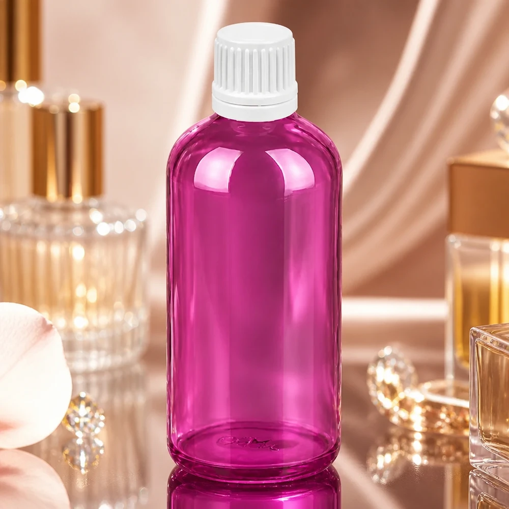 Flacone contagocce in plastica riutilizzabile da 100 ml, di colore viola, con tappo a vite bianco a prova di perdite.