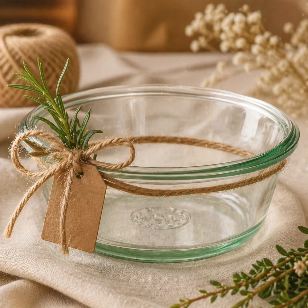 WECK RR120 Gourmetglas 300ml dekorativ mit Juteschnur Kräutern und Geschenkanhänger als Geschenkidee inszeniert