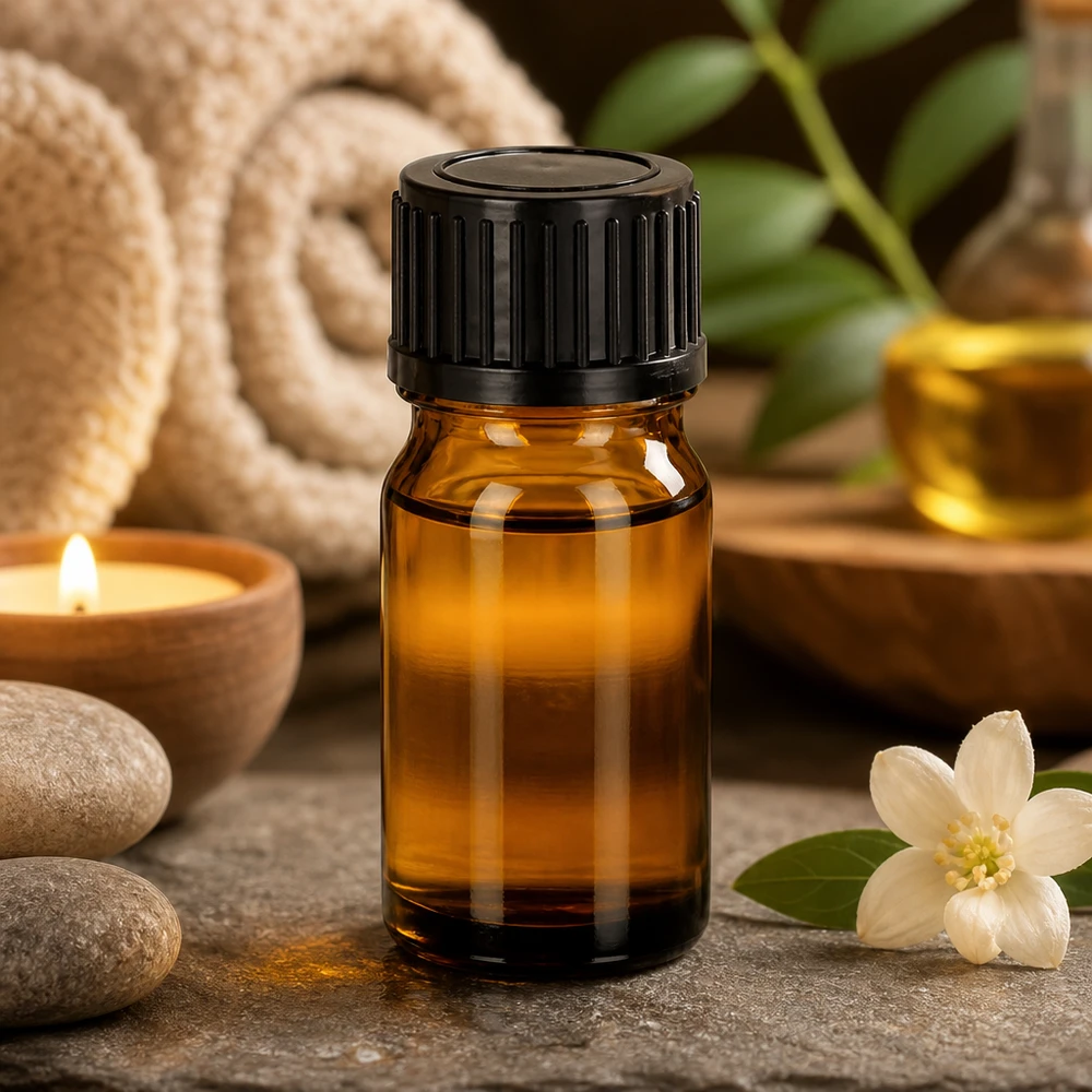 Flacone compatto da 5 ml in vetro marrone con tappo nero per l'aromaterapia in movimento