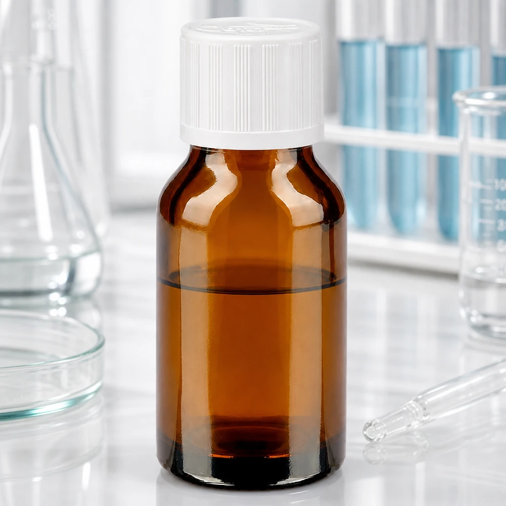 Apothekenflasche braun 30ml Schraubverschluss weiß Kindersicherung Standard Medizinische Braunglasflasche 30ml mit weißem KiSi Verschluss halbgefüllt mit bernsteinfarbener Flüssigkeit