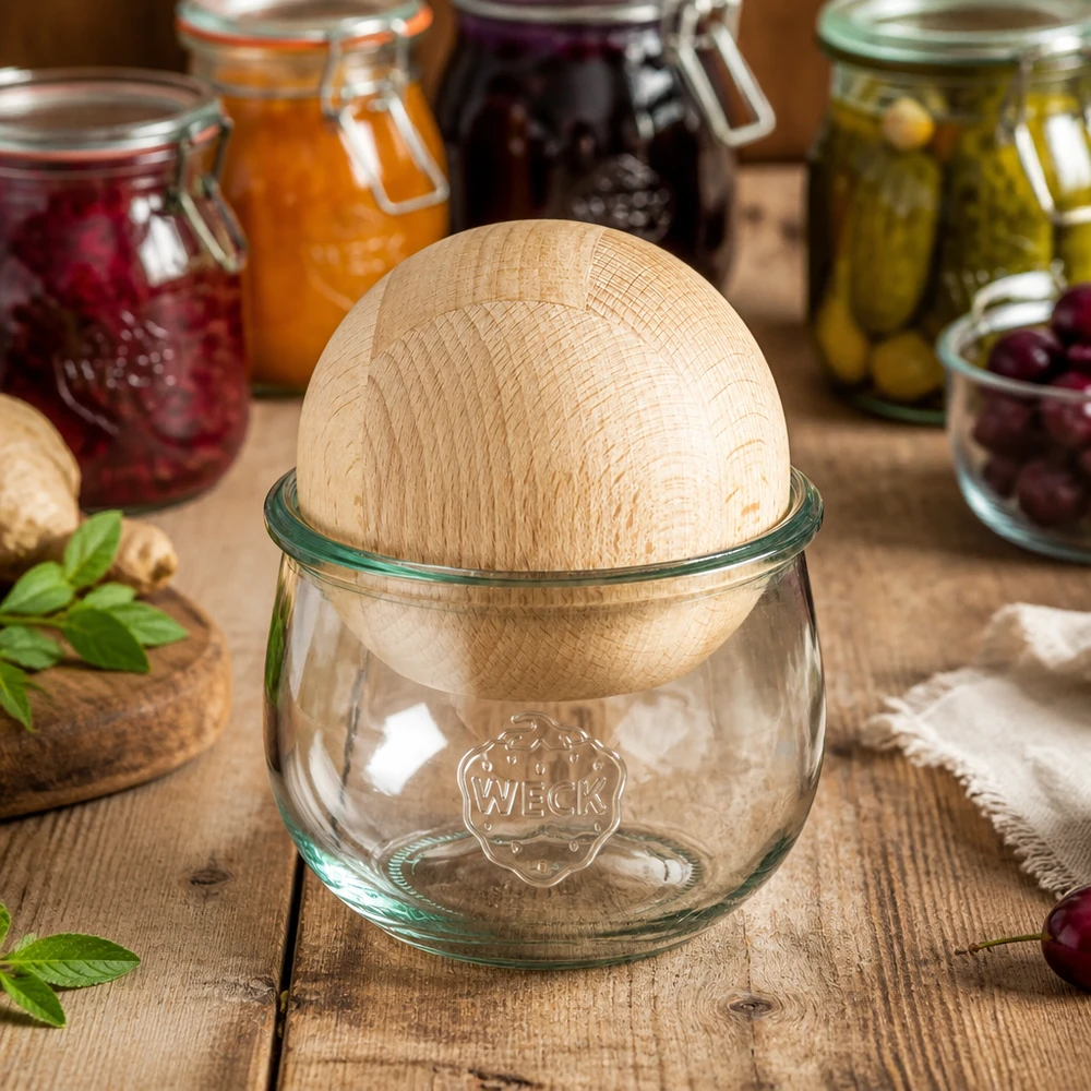 Vaso a tulipano da 580 ml WECK RR100 con sfera in legno di faggio Vaso a tulipano WECK RR100 con sfera in legno di faggio in un ambiente di cucina accanto a colorati barattoli per conserve con marmellate e sottaceti