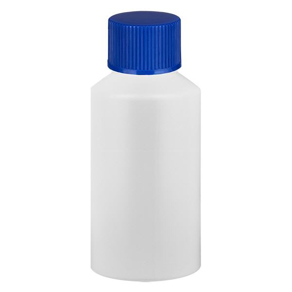 Flacone farmaceutico HDPE 50ml bianco, con SV blu Flacone farmaceutico HDPE 50ml bianco, con SV blu