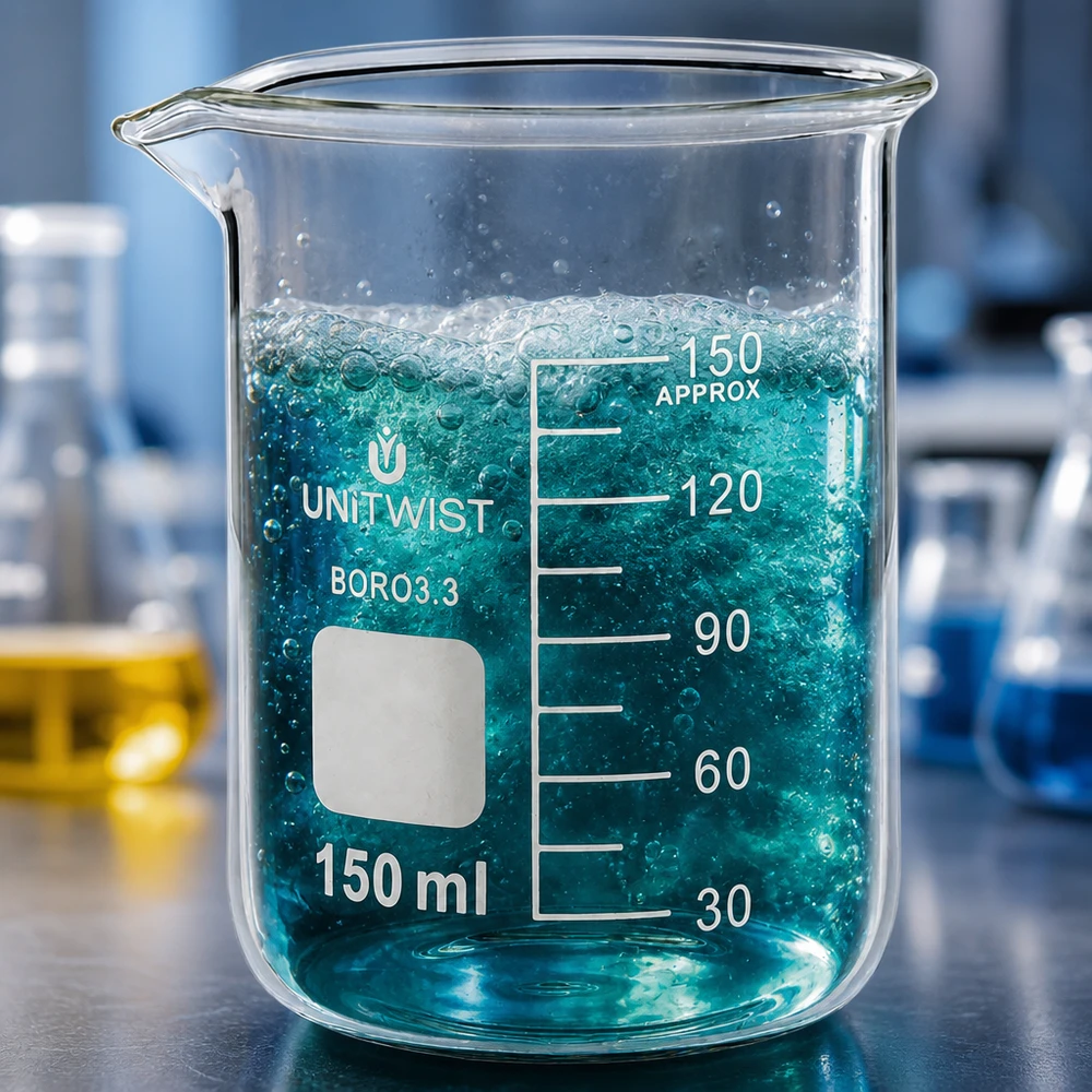 Bicchiere 150ml borosilicato, stampo basso UNiTwist Bicchiere UNiTwist da 150 ml in borosilicato 3.3, forma bassa, con liquido blu schiumoso e formazione di bolle