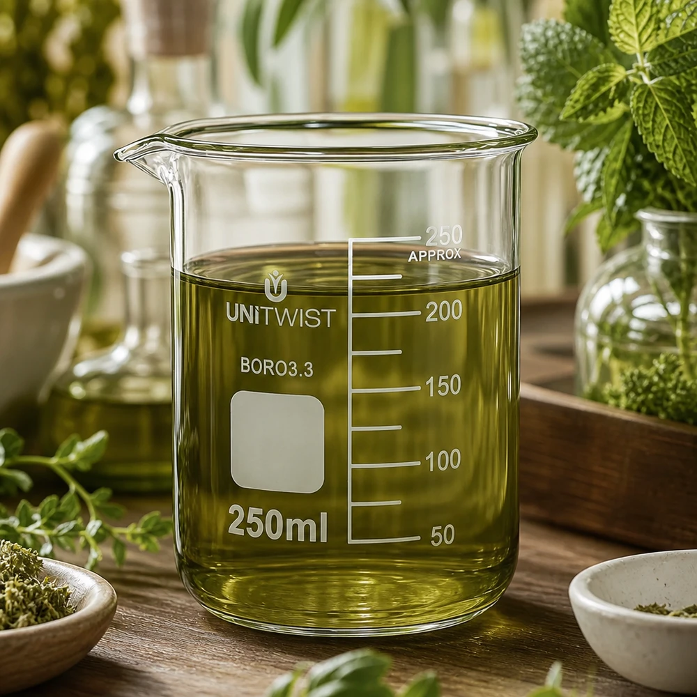 Bicchiere 250ml borosilicato, stampo basso UNiTWIST Bicchiere UNiTWIST da 250 ml, forma bassa, con estratto di erbe verde circondato da erbe medicinali fresche