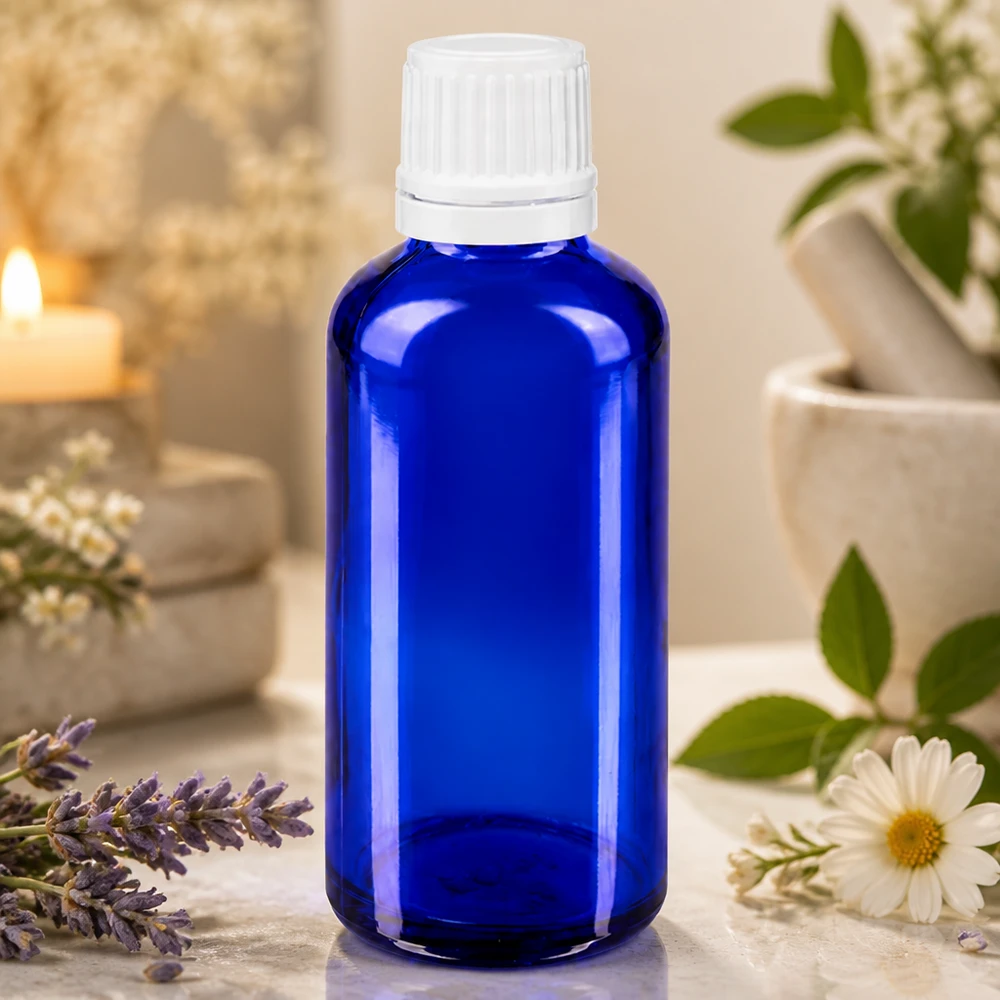 Flacon en verre bleu de 50 ml avec bouchon à vis blanc, contenant des fleurs de lavande et de camomille