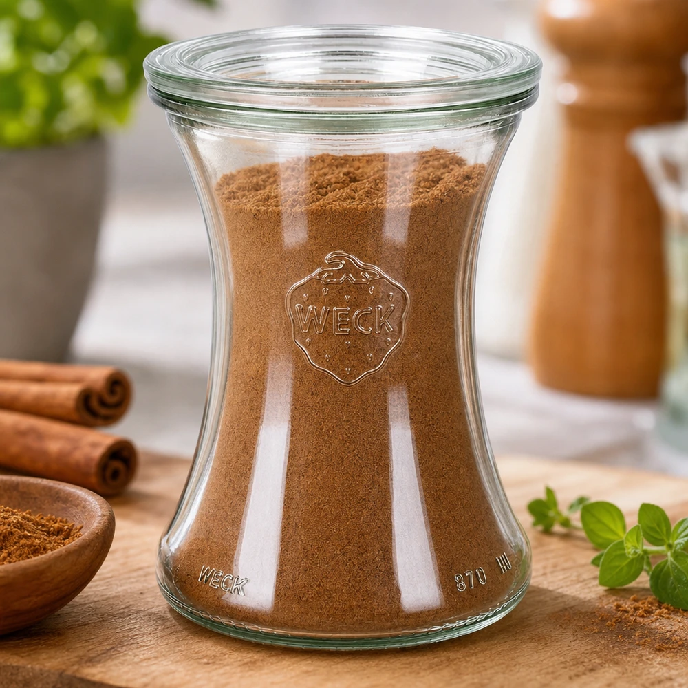 Barattolo da 370 ml con coperchio in vetro WECK RR80 WECK Delikatessenglas 370ml RR80 mit Zimt gefüllt zeigt perfekte Gewürzaufbewahrung in stilvollem Glasdesign