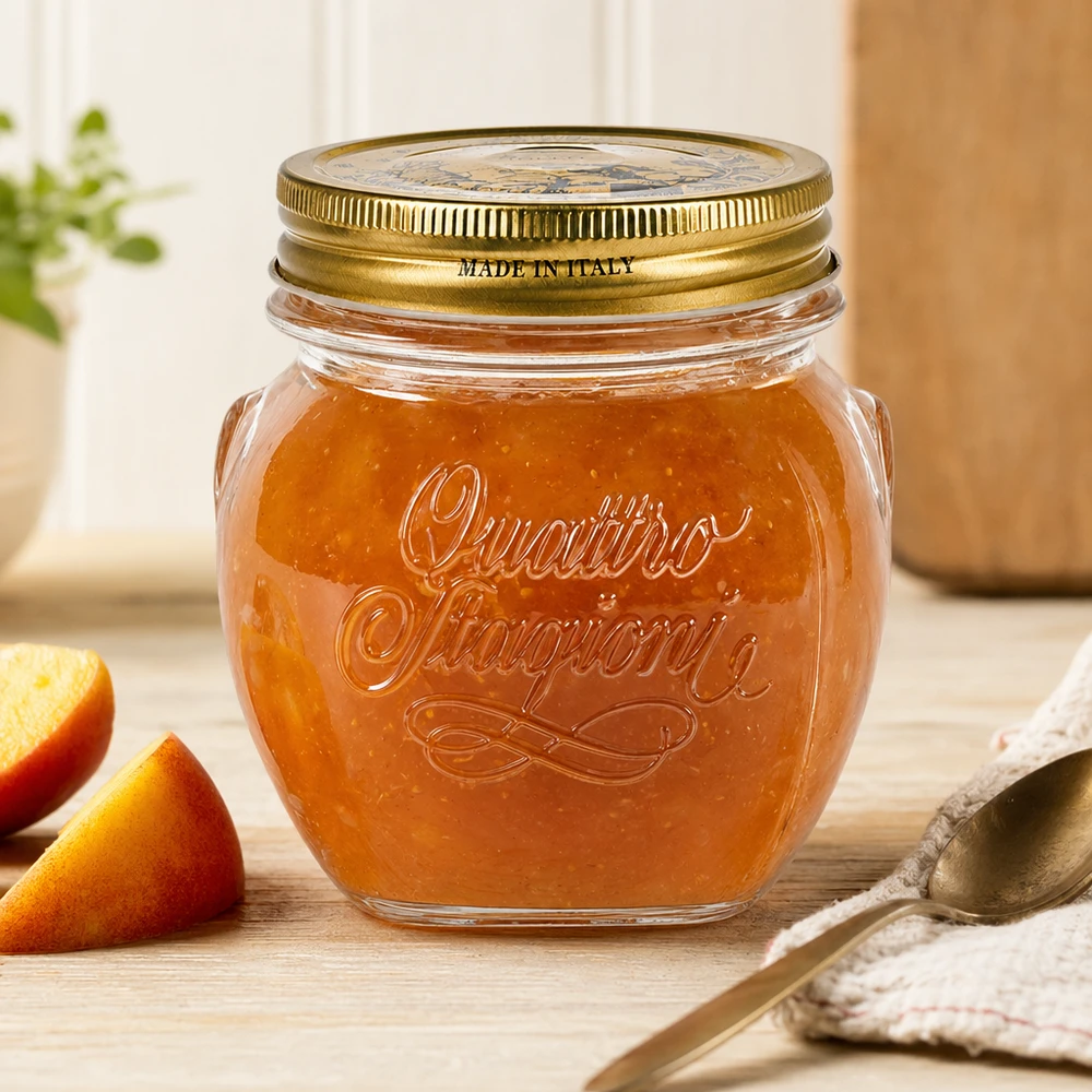 Barattolo rotondo "Quattro Stagioni" da 300 ml con coperchio 300ml Quattro Stagioni Rundglas mit goldenem Deckel gefüllt mit Marmelade auf Holztisch neben Orangenscheiben