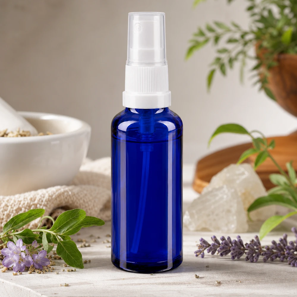 Apothekenflasche blau 10ml Sprayaufsatz schwarz Kompakte blaue Glassprayflasche mit weißem Sprühaufsatz neben Lavendelblüten und Rohkristall