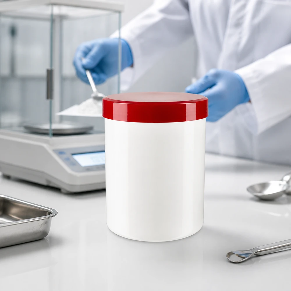 Pot à col large de 150 g, blanc, avec couvercle à vis rouge, adapté aux pommades, crèmes et pâtes