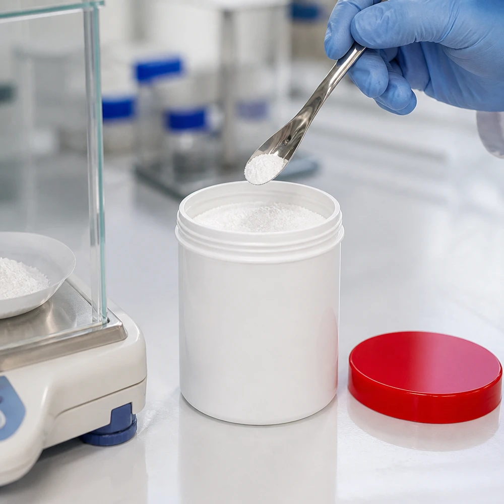 Pot de conservation médical de 300 g, blanc, en PP, avec couvercle à vis rouge et spatule