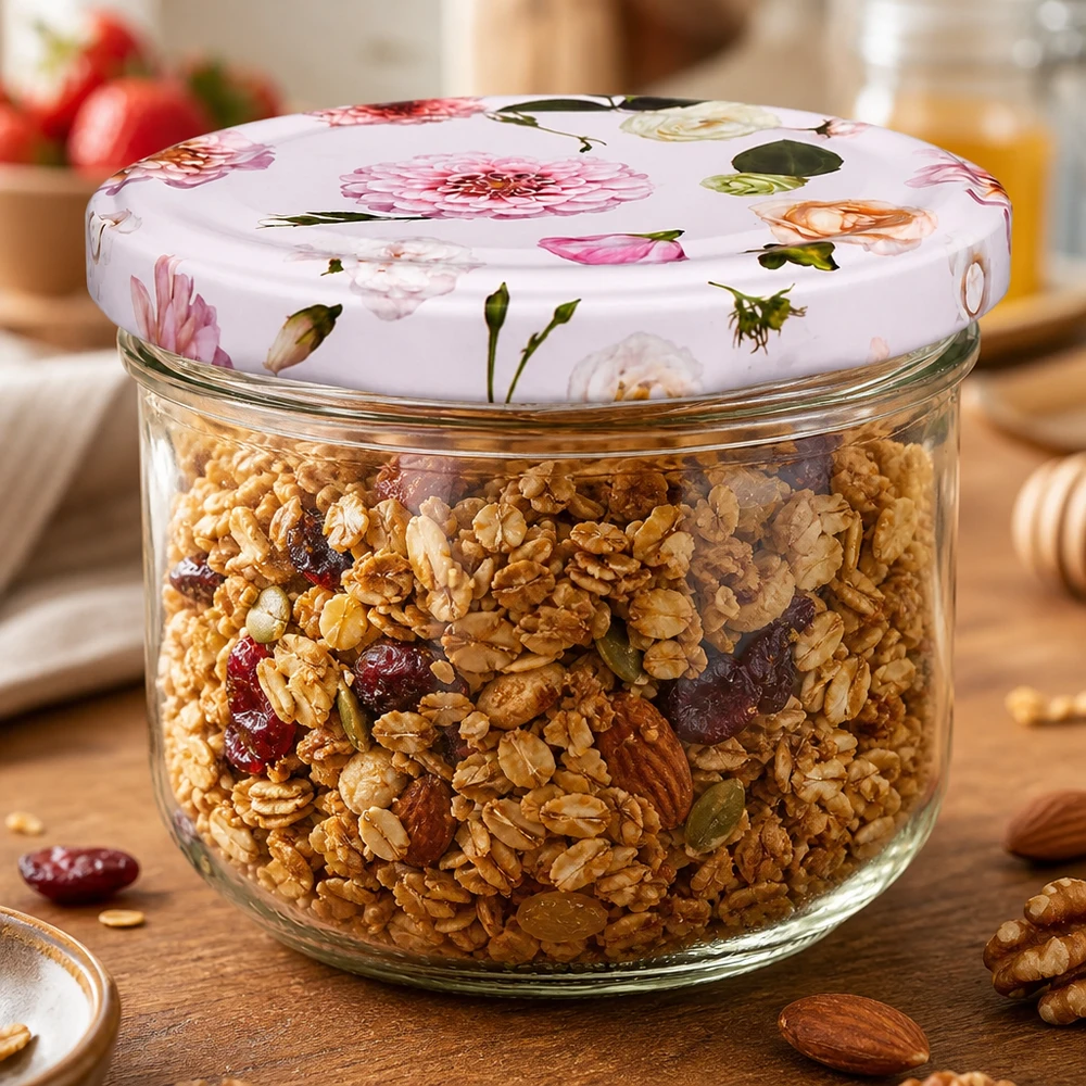 260ml Sturzglas + BasicSeal Deckel Blume rosa UNiTWIST Vorratsglas 260ml mit rosa Blumendeckel gefüllt mit Müsli und Nüssen - praktische Aufbewahrung für Küche