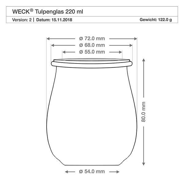 Set di 12 vasi Weck a tulipano da 220 ml con 12 coperchi per conserve WECK vaso a tulipano 220ml RR60 disegno tecnico con dimensioni, diametro e altezza in millimetri