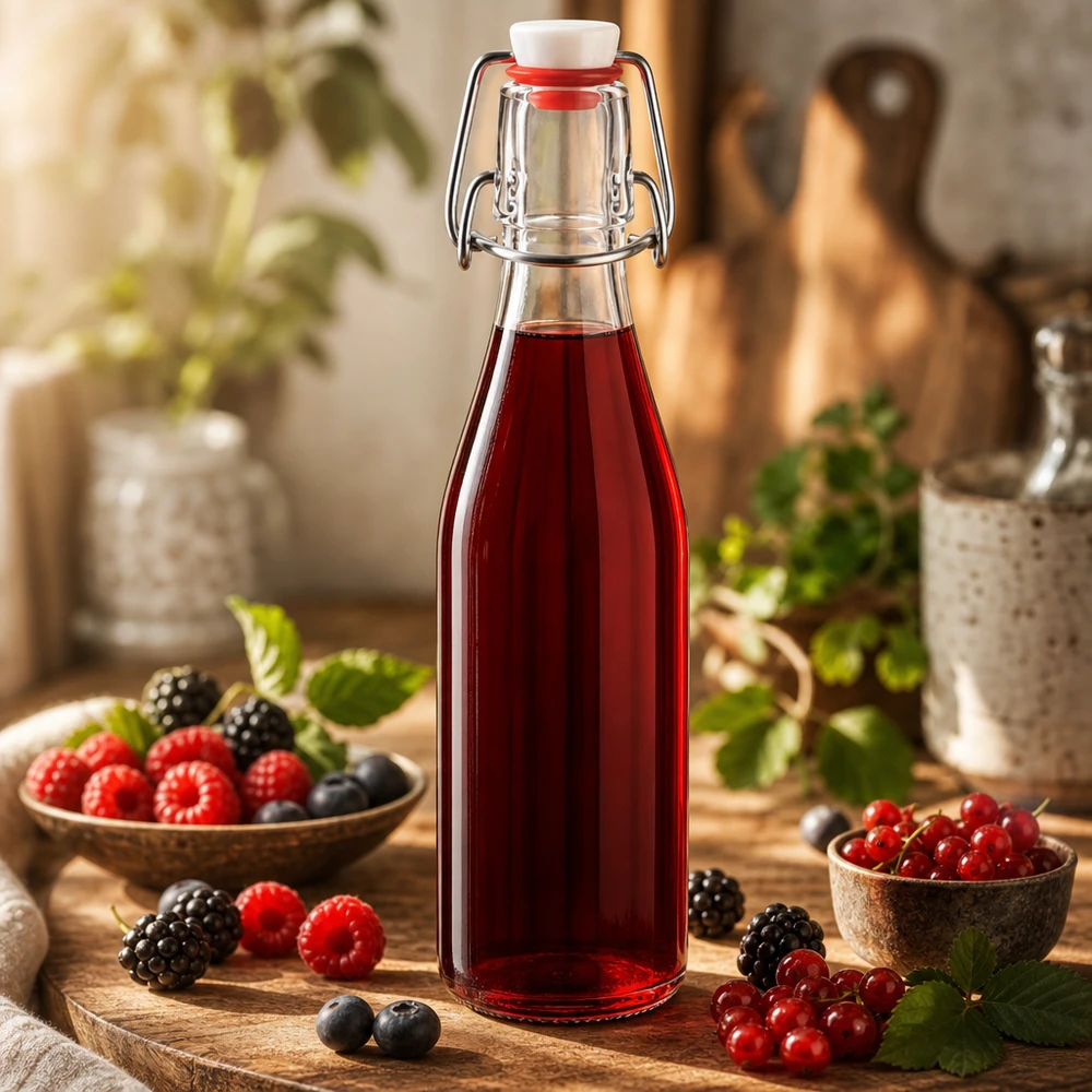 Bottiglia in vetro da 250 ml con tappo oscillante riempita di succo di bacche rosse, circondata da bacche fresche in un ambiente di cucina rustico