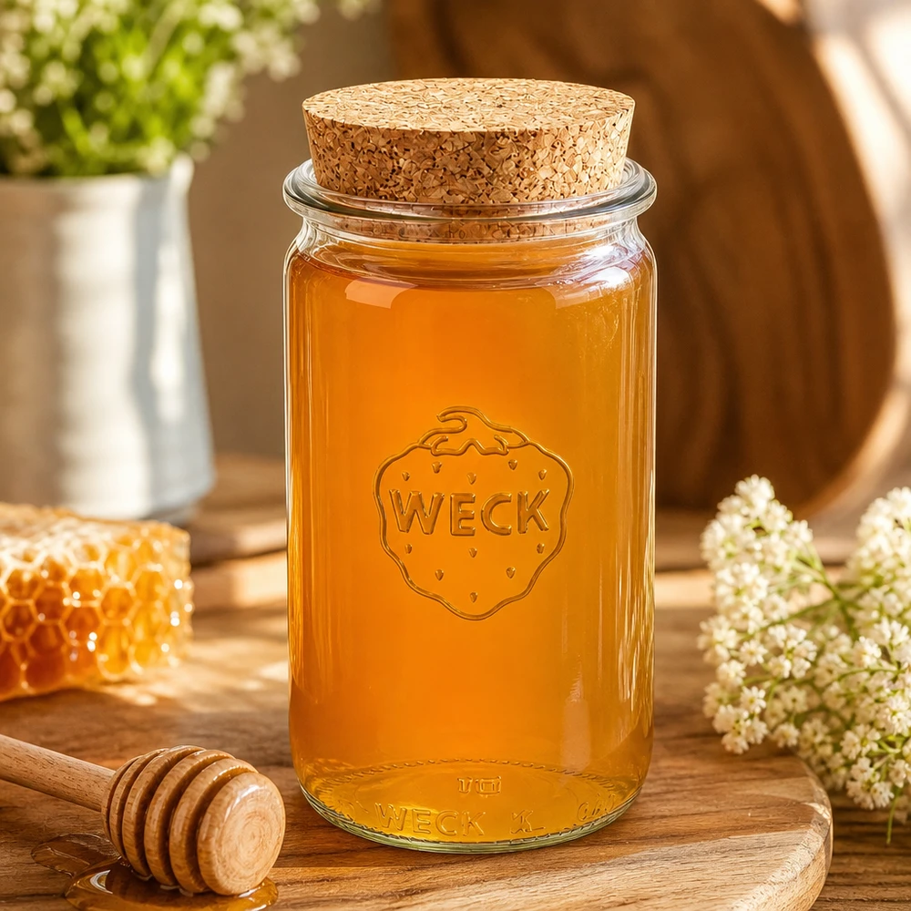 Vaso cilindrico da 340 ml WECK RR60 con tappo in sughero naturale WECK Honigglas 340ml RR60 mit Korkenverschluss auf Holzbrett zwischen Waben und Blüten zeigt natürliche Aufbewahrung