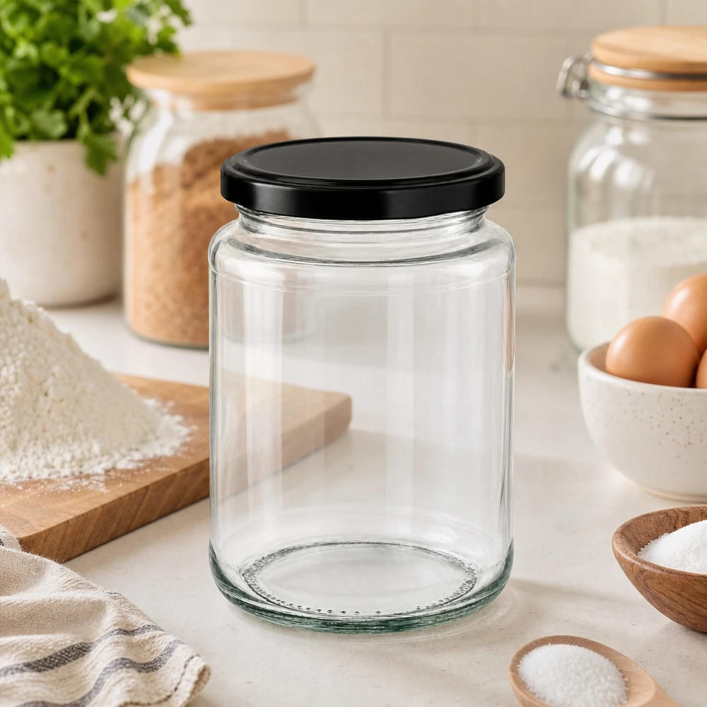 Barattolo rotondo da 382 ml con coperchio BasicSeal nero UNiTWIST. Barattolo rotondo da 382 ml con coperchio BasicSeal nero in una cucina moderna tra barattoli di stoccaggio, uova e utensili da cucina