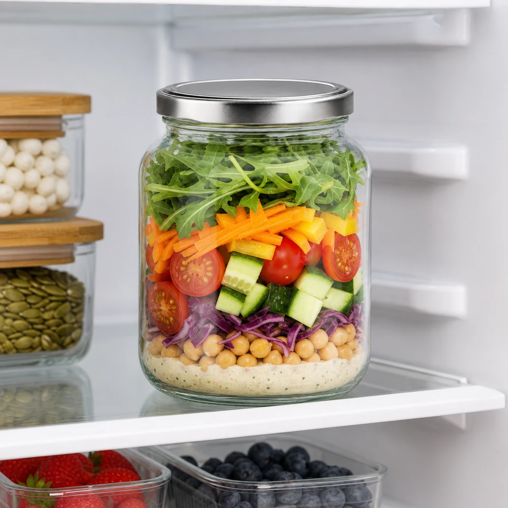 Barattolo ovale da 370 ml con coperchio BasicSeal per preparare l'insalata in frigorifero con insalata a strati e ingredienti freschi.