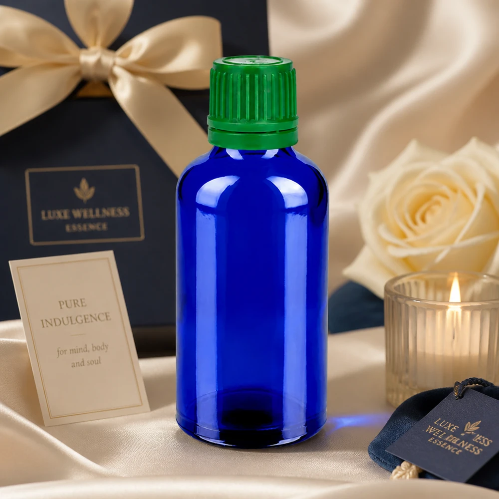 Flacone in vetro da 50 ml serie BlueLine con tappo a vite verde per sostanze sensibili alla luce