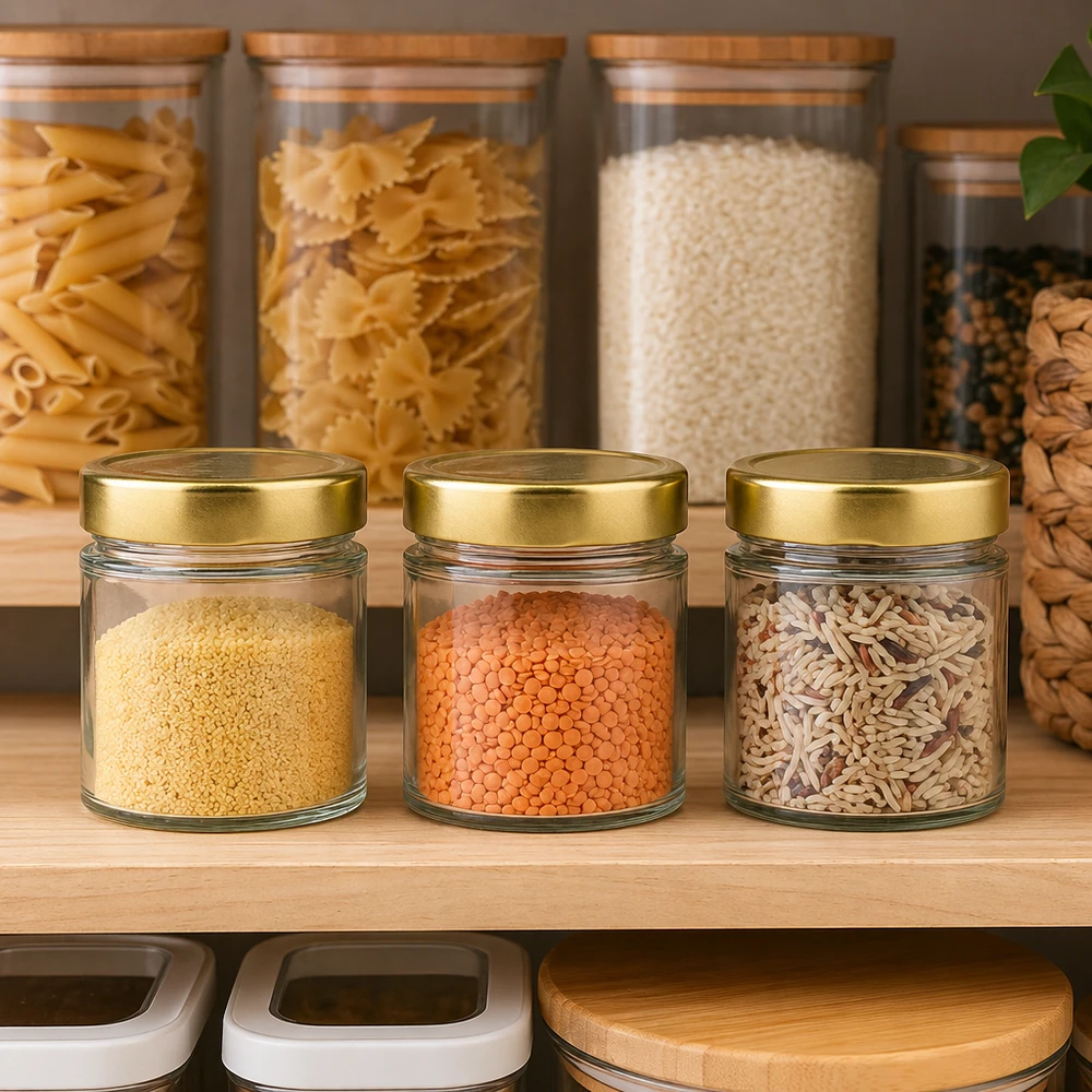 154ml Rundglas mit BasicSeal Deckel gold deep UNiTWIST 154ml Rundglas BasicSeal gold in Pantry-Szenerie mit Hülsenfrüchten Reis Pasta Vorratshaltung Küchenschrank