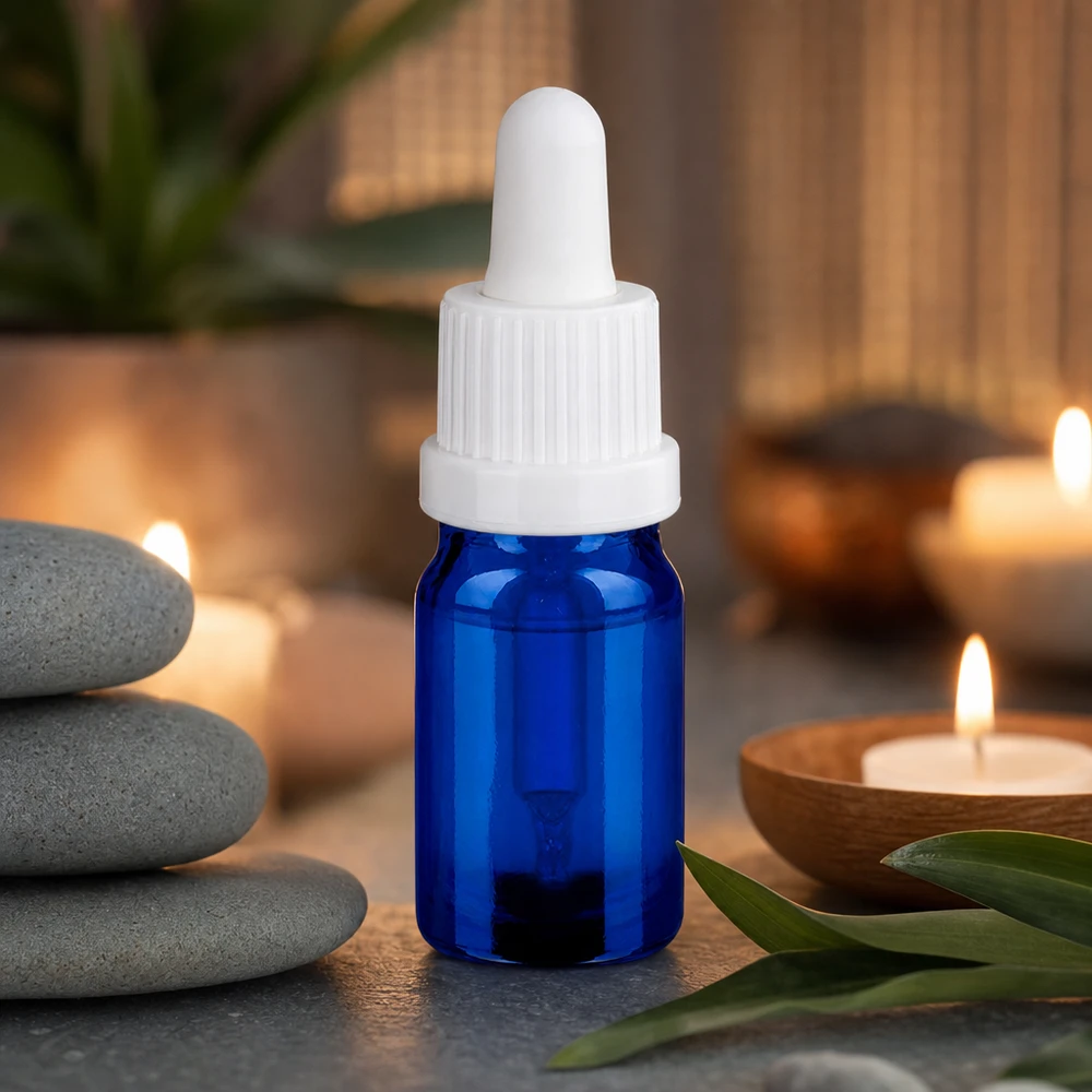 Bottiglia per pipette da 5 ml con robusto vetro blu e pipetta in plastica bianca di lunga durata.