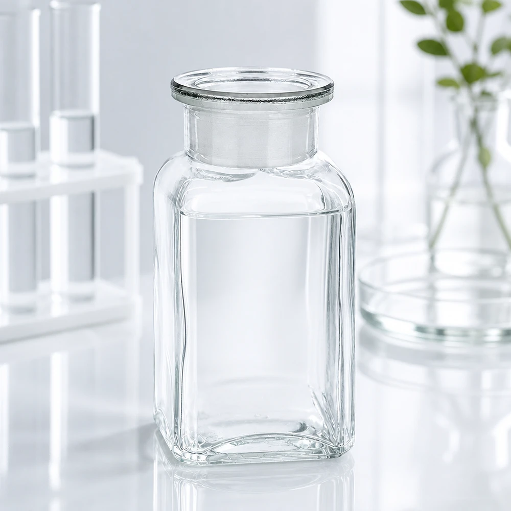 Bottiglia quadrata trasparente a collo largo da 100 ml in vetro borosilicato con tappo in vetro molato