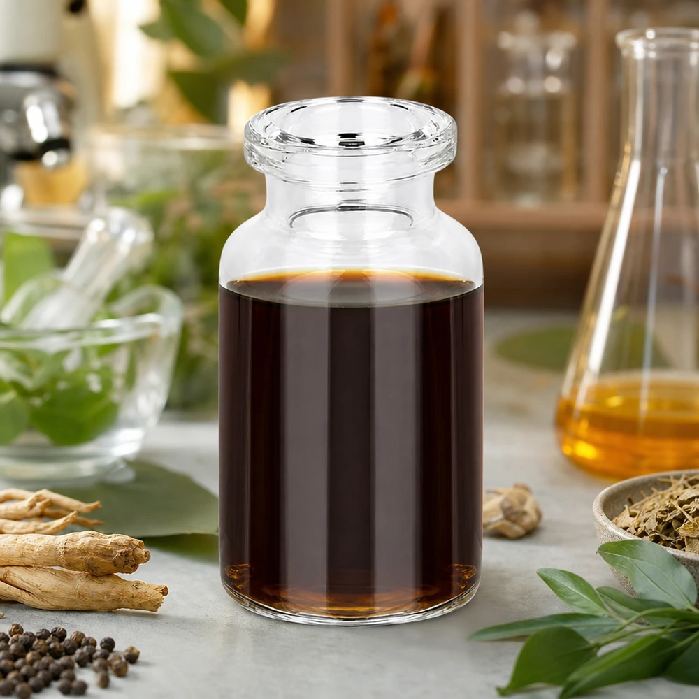 Injektionsflasche Klarglas 10ml Zylindrische Injektionsflasche 10ml Klarglas mit dunklem Kräuterkonzentrat und getrockneten Wurzeln