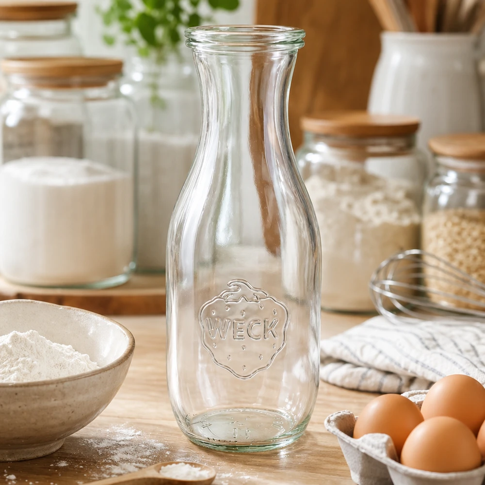 Bouteille à jus de 1 062 ml avec couvercle en verre WECK RR60 WECK Saftflasche 1062ml leer in Küche mit Backzutaten Mehl Eiern und Vorratsgläsern auf Holzarbeitsplatte