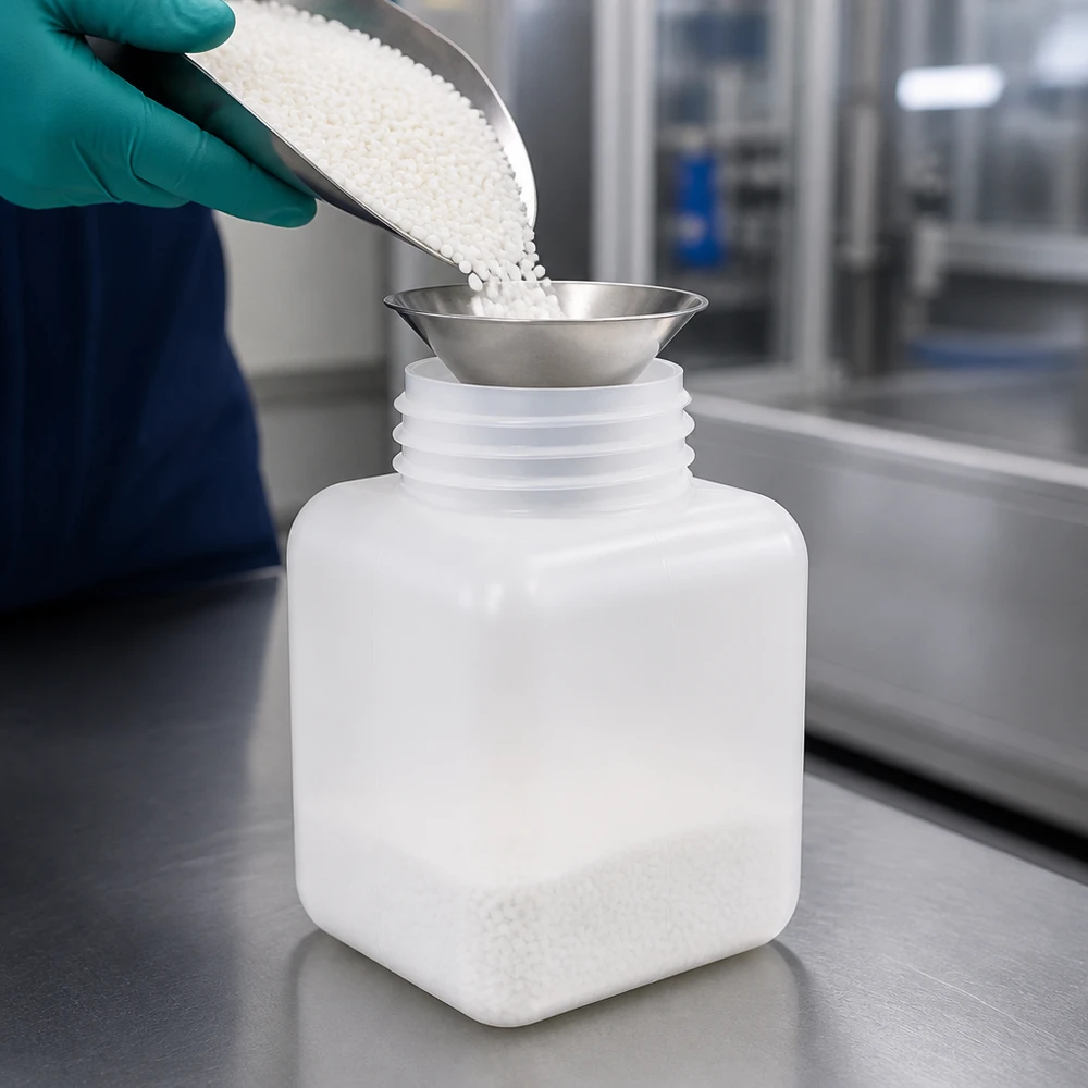 Remplissage de granulés de plastique dans une bouteille à col large en PE-HD de 500 ml à l'aide d'un entonnoir métallique