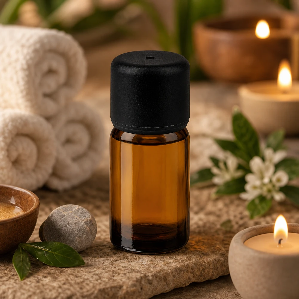 Flacone da 5 ml in vetro ambrato con protezione UV e tappo a vite nero per il benessere.