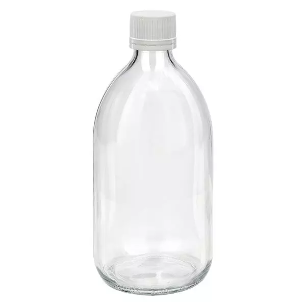 Flacone per medicinali da 500ml trasparente, tappo bianco/fine con originale Flacone per medicinali da 500ml trasparente, tappo bianco/fine con originale