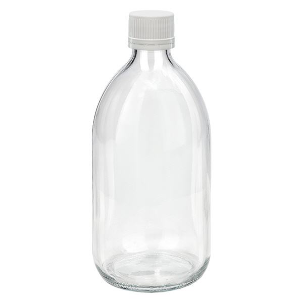Flacone per medicinali da 500ml trasparente, tappo bianco/fine con originale Flacone per medicinali da 500ml trasparente, tappo bianco/fine con originale