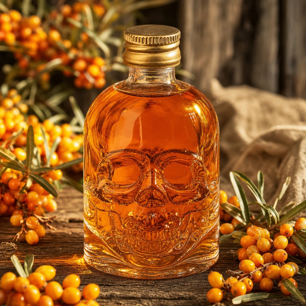 Bottiglia in vetro da 50 ml Hector con tappo a vite oro UNiTWIST® Bottiglia in vetro Hector da 50 ml con teschio in rilievo e contenuto ambrato tra bacche di olivello spinoso su un tavolo di legno