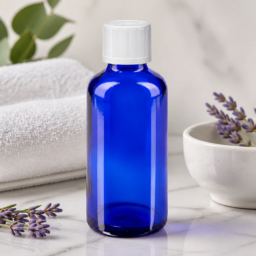 Apothekenflasche blau 50ml Schraubverschluss weiß Kindersicherung Standard Kleine blaue Apothekerflasche 50ml weißer KiSi-Verschluss neben gefalteten Handtüchern