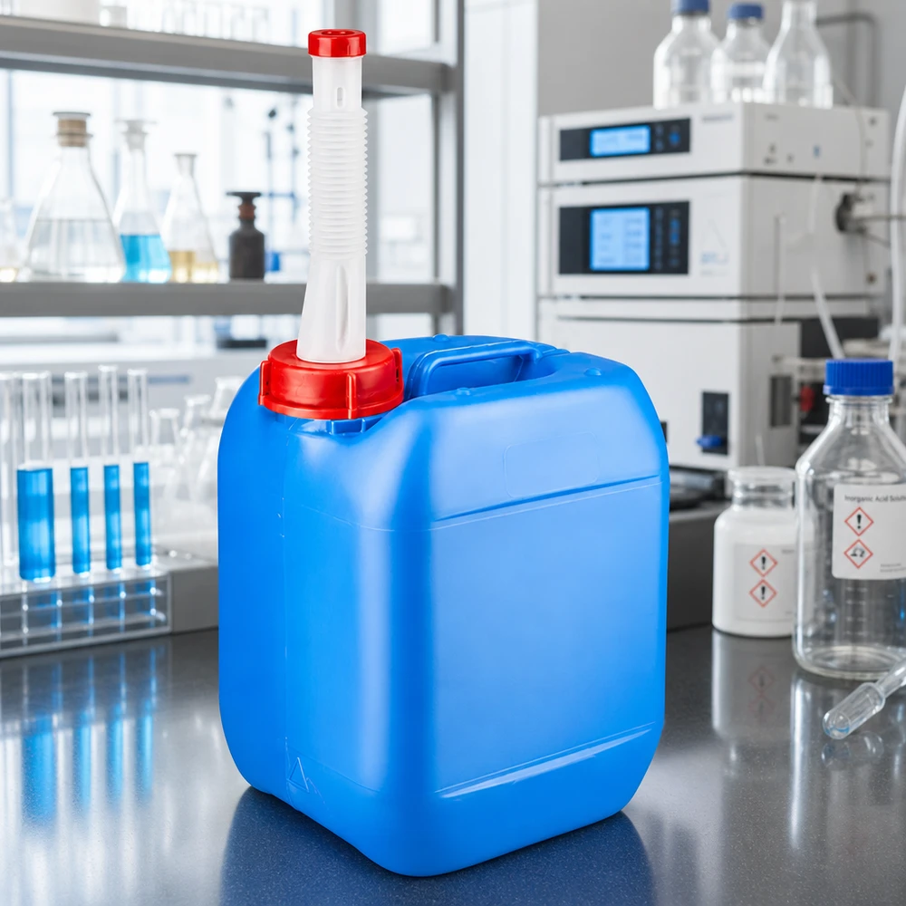 Kanister 5 Liter blau mit Auslaufrohr Flex Vierkant-Kanister 5L blau mit ergonomischem Griff und flexiblem Dosierrohr für Chemikalien