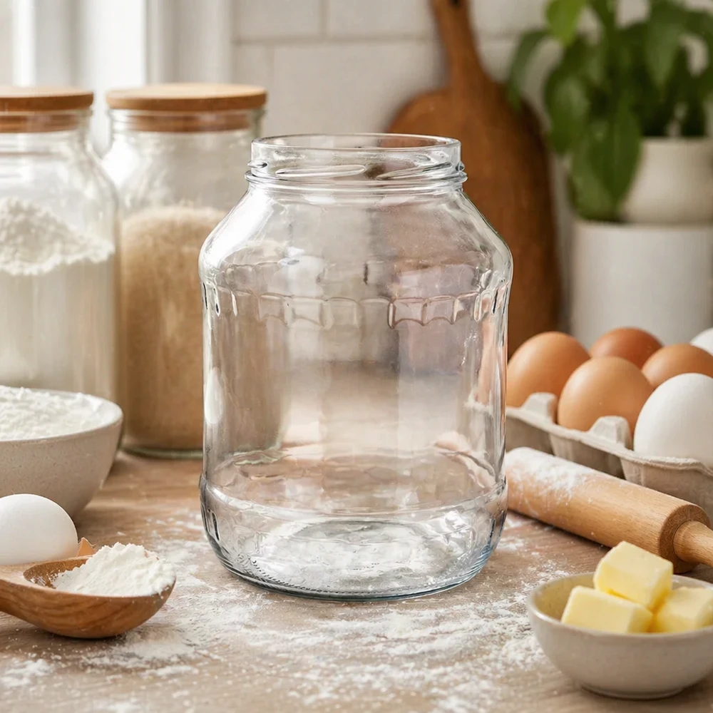 2650ml Rundglas ohne Deckel (TO100) UNiTWIST UNiTWIST Runda2650 Sturzglas 2650ml leer auf Küchentisch mit Backzutaten Eiern Butter Mehl Küchenszene TO100 Gewinde
