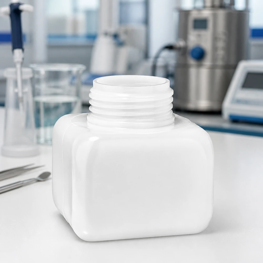 Flacon à produits chimiques 250 ml à col large, PEHD couleur naturelle, GL 50 Bouteille en plastique de 250 ml, forme carrée, à col large, en PE-HD, peu encombrante, pour stockage en laboratoire