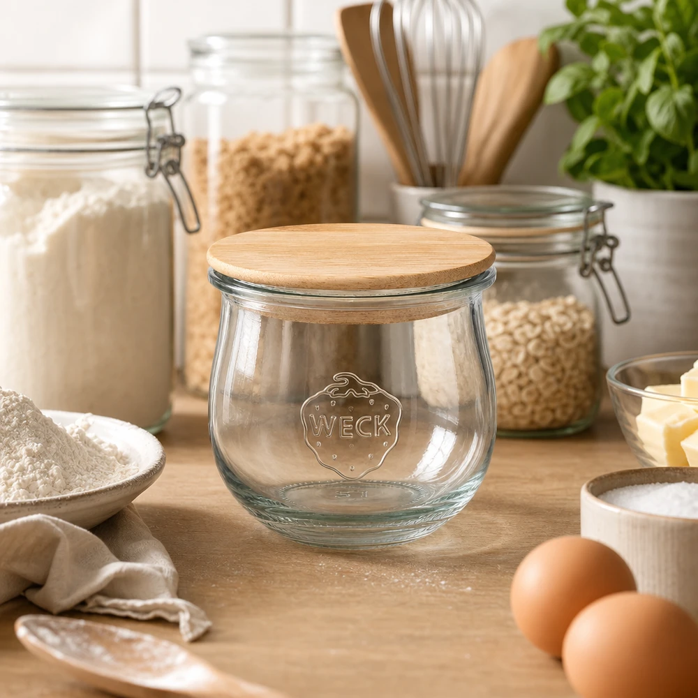 370ml Tulpenglas WECK RR80 mit Holzdeckel WECK Tulpenglas 370ml RR80 mit Holzdeckel in moderner Küche zwischen Vorratsgläsern und Backzutaten arrangiert