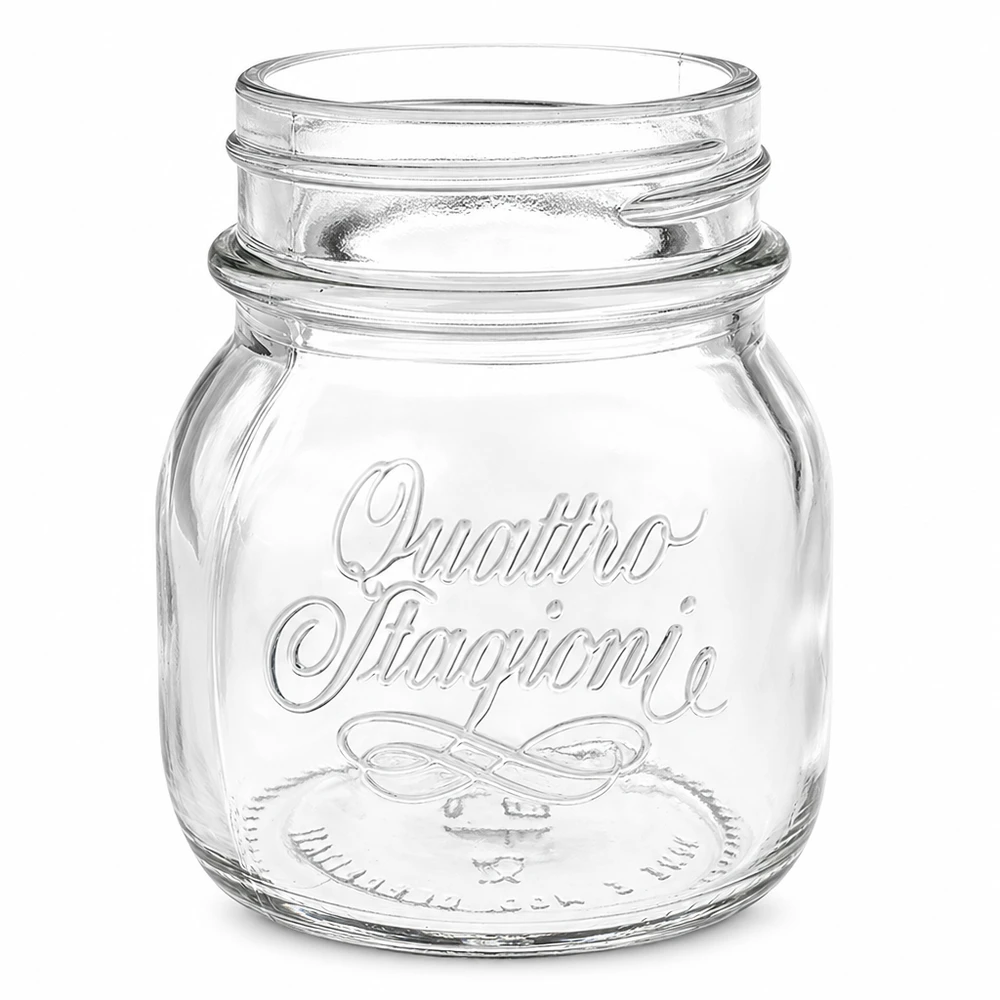 Barattolo per conserve Quattro Stagioni da 150 ml in vetro trasparente con scritte in rilievo e filettatura a vite