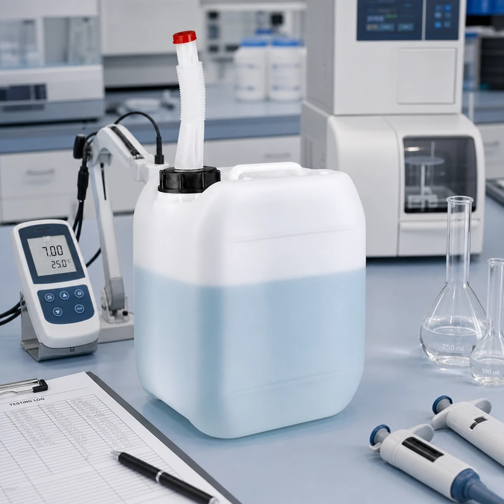 Bidon 5 litres avec tuyau d'écoulement Flex Bidon blanc de 5 litres muni d'un bec verseur rouge, à côté d'un pH-mètre et d'une fiole jaugée dans un laboratoire