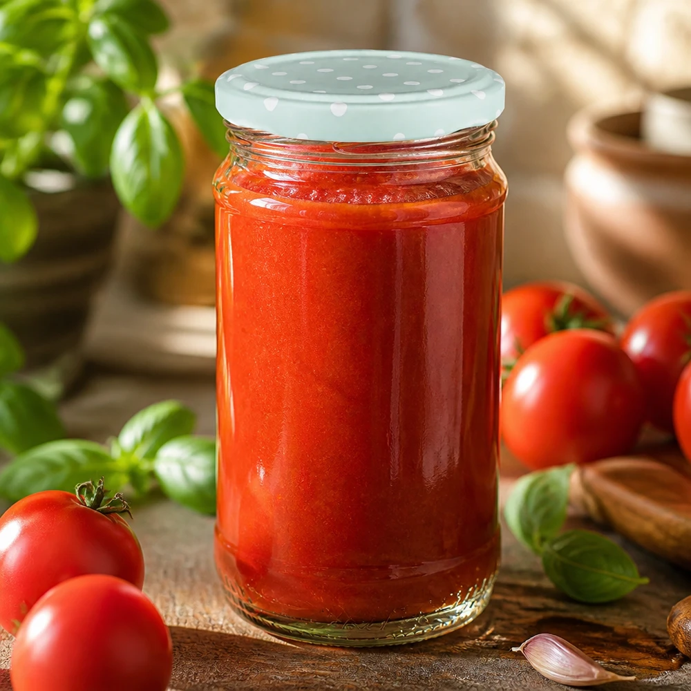 Selbst eingemachte Tomatensoße im 370ml Rundglas UNiTWIST BasicSeal Punktedeckel mint mit Basilikum