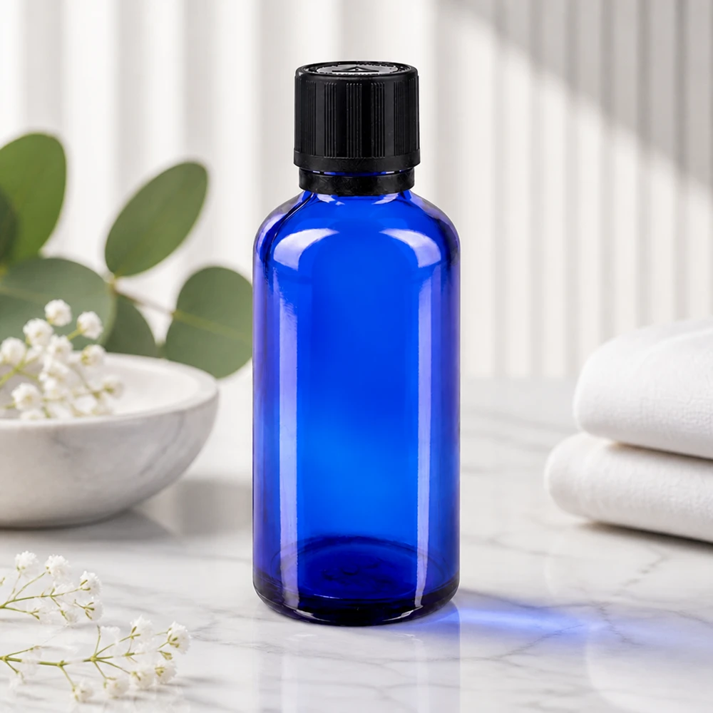Flacon à pharmacie bleu 50ml bouchon inviolable 1mm noir sécurité enfant adapté aux aveugles bouchon inviolabilité Flacon en verre bleu de 50 ml muni d'un bouchon à vis strié, posé sur une surface en marbre à côté de fleurs blanches de gypsophile