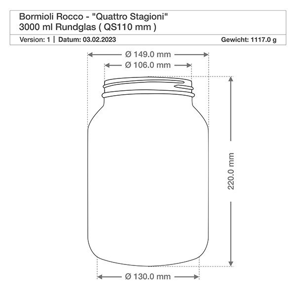 Vaso rotondo "Quattro Stagioni" da 3000 ml con coperchio Disegno tecnico 3000ml Quattro Stagioni in vetro rotondo con dimensioni Altezza 220mm Diametro 149mm Peso 1117g